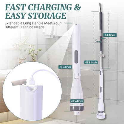 Electric Spin Scrubber, IPX7 Waterproof Shower Cleaning Brush with 8 Replaceable Brush Heads, Extendable Long Handle and 2 Adjustable Speeds Tools White