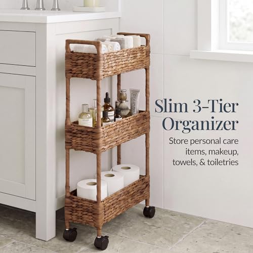 Best Choice Products 3-Tier Slim Water Hyacinth Rolling Nursery Caddy w/Wheels, Handwoven Utility Cart, Narrow Storage Organization for Bathroom, Craft Room, Laundry Room - Chestnut - color: Chestnut