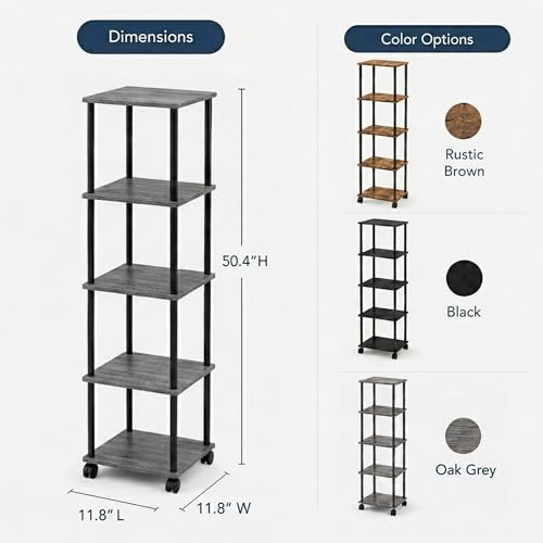 5-Tier 50.4" Tall Oak Grey Bathroom Shelving Unit with Wheels | Wood Finish, Metal Frame, Rolling Narrow Open Shelf Design, for Laundry Room, Kitchen, Living Spaces, Easy to Move - color: Oak Grey, size: 5-Tier