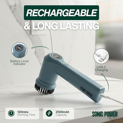 SonicPower Electric Spin Scrubber – Handheld & Ergonomic, IPX7 Waterproof, 4 Multi-Purpose Brush Heads, Long-Lasting Rechargeable Battery – Cleans Dishes, Bathroom, Tile, Grout & Kitchen (Steel Blue) - color: Steel Blue