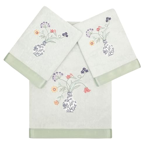 Floret 3-Piece Towel Set, Applique Flower & Vase Design, 100% Turkish Cotton, Ultra Absorbent & Soft, Cottage Style Decor, 1 Bath 2 Hand Towels, Aqua - color: Aqua, size: 1 Pc Bath 2 Pcs Hand Towel