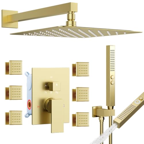 Brushed Gold Shower System with Body Jets, STARBATH 12 Inch Rainfall Shower System and 2 in 1 Handheld Spray Shower Jets System in Wall, Complete Wall Mounted 3 Way Shower Faucet Set with Valve Kit - color: Gold, size: 12"-03