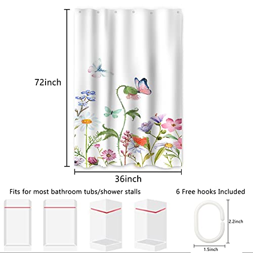 AWERT Small Half Size Stall Shower Curtain with 6 Hooks 36 inch Shower Stall Curtain 36 x 72 Butterfly Wildflowers for Bathroom/RV and Camper (Butterfly) - color: Butterfly, size: 36"W x 72"L (Pack of 1)
