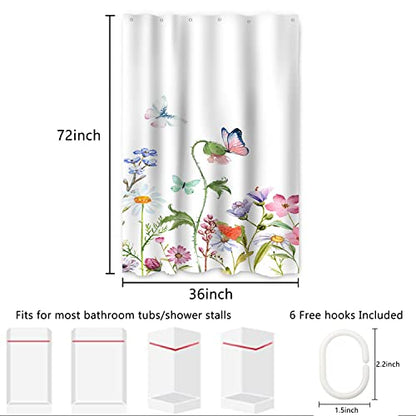 AWERT Small Half Size Stall Shower Curtain with 6 Hooks 36 inch Shower Stall Curtain 36 x 72 Butterfly Wildflowers for Bathroom/RV and Camper (Butterfly) - color: Butterfly, size: 36"W x 72"L (Pack of 1)