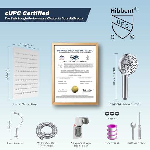 Hibbent All Metal CUPC Certified Shower Head, 8'' High Pressure Rainfall Shower Head, Handheld Showerhead Combo, 12'' Adjustable Extension Arm, 10 Sprays, 71'' Shower Hose, Showerhead Holder, Chrome - color: Chrome, style: Square 8''