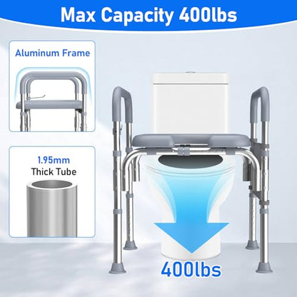 Raised Toilet Seat with Handles,Toilet Seat Risers with Adjustable Height & Width, 400lb Capacity, Fit Any Toilet for Easy & Independent Use, Secure Support for Seniors, Bariatric & Disabled, Gery