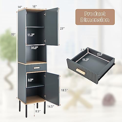 Tangkula Tall Bathroom Cabinet, Freestanding Storage Cabinet w/Doors Cabinet, Open Compartment & Drawer, Narrow Tower w/ 3-Position Adjustable Shelves, Anti-toppling Device & Metal Legs