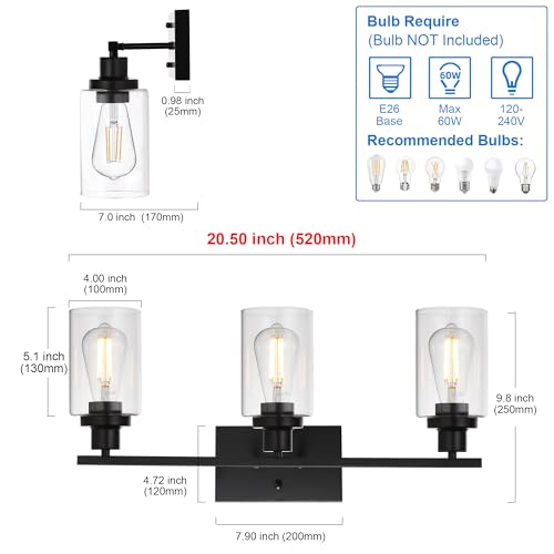 MELUCEE Bathroom Vanity Light Fixtures 3 Lights Black with Clear Glass | Metal Wall Sconce for Bedroom Living Room Hallway Kitchen (Patent No.: US D963914 S) 20.5 Inch - color: Black, size: 3-Light
