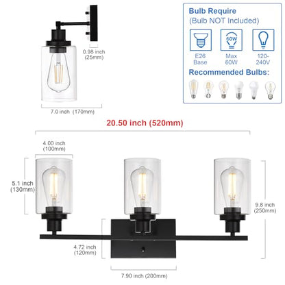 MELUCEE Bathroom Vanity Light Fixtures 3 Lights Black with Clear Glass | Metal Wall Sconce for Bedroom Living Room Hallway Kitchen (Patent No.: US D963914 S) 20.5 Inch - color: Black, size: 3-Light