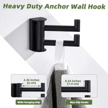 Swivel Towel Hook for Bathrooms with 2 Rotating Arms, Matte Black | Rustproof 304 Stainless Steel, Heavy Duty 11 lbs Double Wall Hook for Towel, Coat, Bag, Kitchen or Entryway, Drilling Mounted