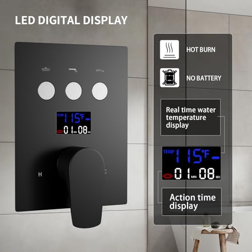Bathroom Shower System Ceiling 14x20 Inch Shower Head, Spray With Handle, 6 PCS Body Jet And Handheld, Temperature Display Shower Faucet Set (Matte Black) - color: Matte Black