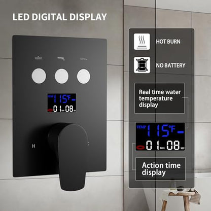 Bathroom Shower System Ceiling 14x20 Inch Shower Head, Spray With Handle, 6 PCS Body Jet And Handheld, Temperature Display Shower Faucet Set (Matte Black) - color: Matte Black