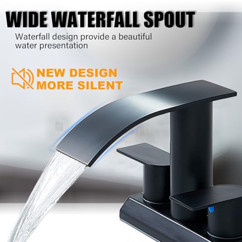 IKEBANA Modern 2 Handle Waterfall Bathroom Faucet, Matte Black, Stainless Steel, Lead-Free, 4 inches Centerset, Includes Pop Up Drain and Supply Hoses - color: Matte Black