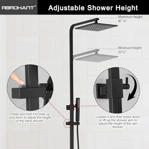 RBROHANT 3 Functions Exposed Shower System, Matte Black Exposed Shower Faucet Set, 10 Inch Rain Shower Head with Handheld and Tub Spout,Shower Height Adjustable, Wall Mounted - color: Matte Black