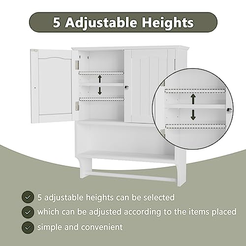 Smuxee White Bathroom Cabinet Wall Mounted with Towels Bar, Bathroom Medicine Cabinet with 2 Door Adjustable Shelves, Over Toilet Cabinet for Bathroom Laundry Room Kitchen - color: White Big With Towels Bar