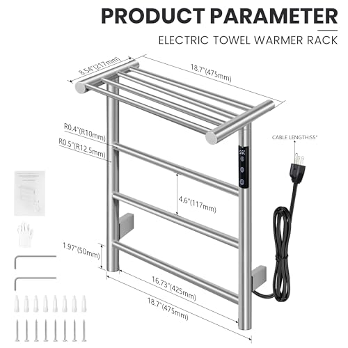 Towel Warmer Wall Mounted with 3 Electric Stainless Steel Heated Bars, Hot Towel Rack for Bathroom, Plug-in BathTowel Heater with Built-in Timer, Brushed Nickel
