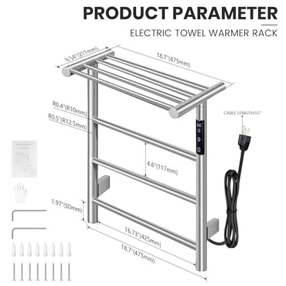 Towel Warmer Wall Mounted with 3 Electric Stainless Steel Heated Bars, Hot Towel Rack for Bathroom, Plug-in BathTowel Heater with Built-in Timer, Brushed Nickel