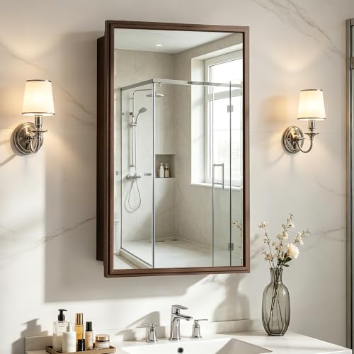 16 x 26 Recessed Medicine Cabinet Mirror with Storage,Brown Aluminum Medicine Cabinet Frame Mirror,Tempered Glass,Mount Recessed Mount Bathroom Vanity Modern Farmhouse