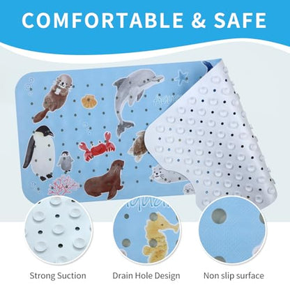 Bath Tub Shower Mat Non Slip Kids Bathtub Mat Anti Slip Baby Bath Mat for Tub 40 x 16 Inch Extra Long Toddler Bath Mat with Suction Cups and Drain Holes for Bathroom Floor,Penguin Seal - color: Penguin Seal