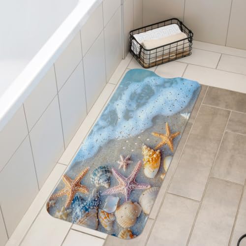 LNOND Summer Beach Bathtub Mat Non Slip, 40 X 16 Inch Tub Mat for Bathroom, Beach Starfish Shell Bath Tub Shower Mat with Drain Holes and Suction Cups - color: Beach Starfish Shell Bathtub Mat