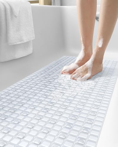 DEXI Bathtub Mat Non Slip, 39x16 Bath Tub Shower Floor Bathroom Mats Clear | Extra Long Suction Cups, Drain Holes, Machine Washable for Tub Shower Floor Bathmat - color: Clear