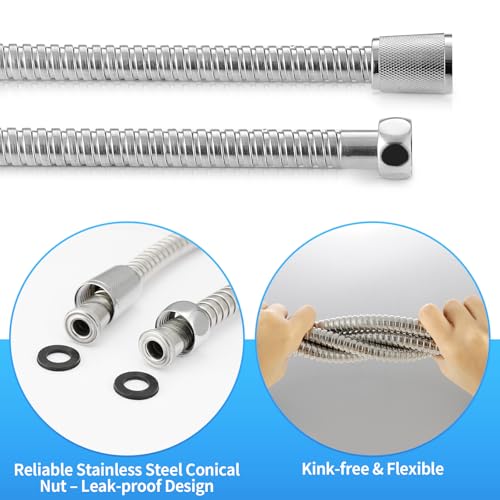 98" Metal Shower Hose Replacement Handheld Kink Free Stainless Steel Shower Head Wand Hose Extension Extra Long with Brass Insert and Nut, Durable & Flexible for Pet Bathing Cleaning - color: Chrome, size: 98 Inches