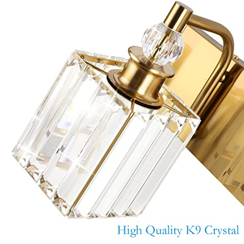 Ralbay Crystal Bathroom Vanity Lights 3-Lights 24'' Modern Crystal Gold Bathroom Lighting Fixtures Over Mirror - color: Square-Brass, size: 24 inch