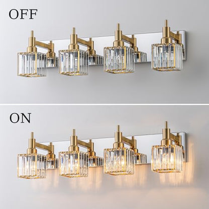 Crystal Bathroom Light Gold Chrome 4-Light Modern Bathroom Vanity Fixtures Over Mirror Square Crystal Wall Sconce - color: Gold Chrome-Square Shade, size: 4-Light