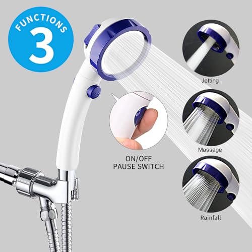 KAIYING High Pressure Handheld Shower Head with ON/OFF Pause Switch | 3 Spray Modes Shower Wand with Shut Off Button, Camper & RV Showerhead with Hose & Angle Adjustable Bracket, White & Blue - color: White & Blue