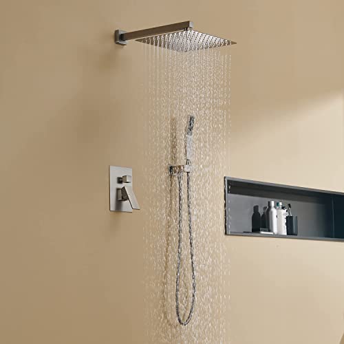 Rain Shower System 12 Inches Shower Combo Set Brushed Nickel Wall Mount Faucet Bathroom Faucets with Rainfall Shower Head and Hand Shower