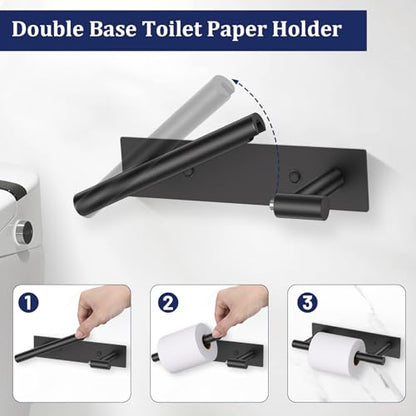 Matte Black Toilet Paper Holder, Adhesive or Screw Toilet Roll Holder Wall Mount, SUS304 Stainless Steel Double Post Pivoting Toilet Roll Holder for Bathroom, Kitchen, Washroom - color: Matte Black