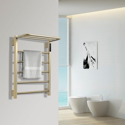 Heated Towel Racks, 5 Bars Towel Warmer with 24hr Timer Stainless Steel Wall Mounted Electric Towel Warmers for Bathroom - color: Gold