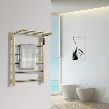 Heated Towel Racks, 5 Bars Towel Warmer with 24hr Timer Stainless Steel Wall Mounted Electric Towel Warmers for Bathroom - color: Gold