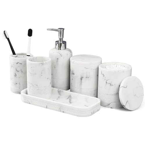 LIN CHUAN 6-Piece Bathroom Accessories Set, Bathroom Organizer, White | Includes soap dispenser, toothbrush holder, vanity tray, tumbler, and 2 cotton swab jars for bathroom organization set. - color: White