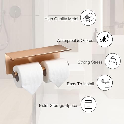Rose Gold Toilet Paper Roll Holder with Shelf Wall Mounted for Bathroom (Rose Gold, Double Head) - color: Rose Gold
