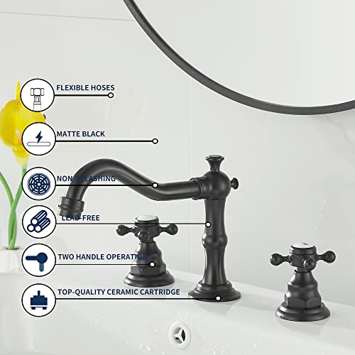 Matte Black Bathroom Faucet 2 Handles 3 Holes Faucet 8 inch Widespread Bathroom Sink Faucet Tap Mixer Supply Hose Included Matching Metal Pop Up Drain - color: Black, style: Ceramic Cover