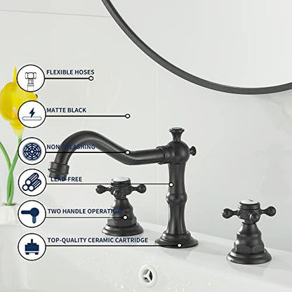 Matte Black Bathroom Faucet 2 Handles 3 Holes Faucet 8 inch Widespread Bathroom Sink Faucet Tap Mixer Supply Hose Included Matching Metal Pop Up Drain - color: Black, style: Ceramic Cover