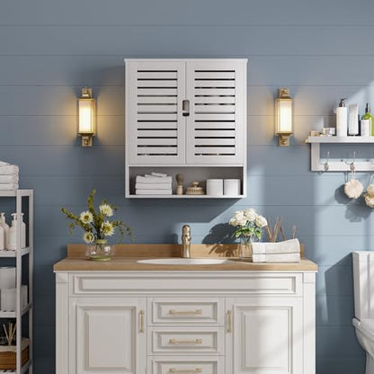 SMIBUY Bathroom Cabinet Wall Mounted, Bamboo Over-The-Toilet Storage Organizer, Space Saver Medicine Cabinet with 2 Door and Adjustable Shelves (White) - color: White