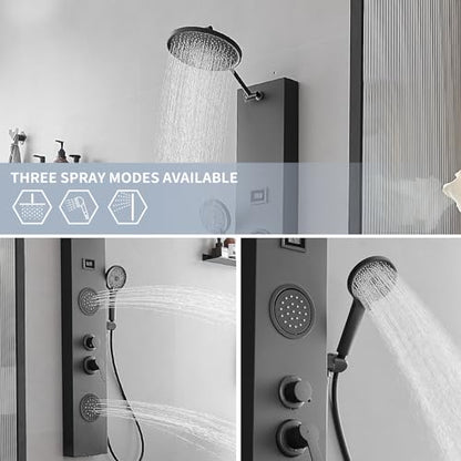 Shower Panel Shower Tower System, 9 Inch Rainfall Shower Head Round, Stainless Steel with Massage Body Jets Adjustable, Temperature Display, Stand Shower Column Wall Mount, Black