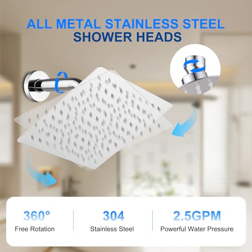 6 Inch Square Rain Shower Head, Renter Friendly High Pressure Fixed Showerhead, Stainless Steel Spa-Like Rainfall Shower Head with Self-Cleaning Nozzles, Wall Mount Chrome Finish - color: Chrome, size: 6 Inch