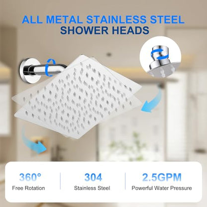 6 Inch Square Rain Shower Head, Renter Friendly High Pressure Fixed Showerhead, Stainless Steel Spa-Like Rainfall Shower Head with Self-Cleaning Nozzles, Wall Mount Chrome Finish - color: Chrome, size: 6 Inch