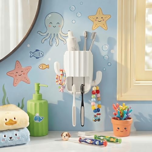 Kids Toothbrush Holder Wall Mount, Cute Cactus (White) | Bathroom Organizer, PP Cactus Holder, Toothbrush Toothpaste Hair Tie Accessories,Multi-Function Organizer - color: White