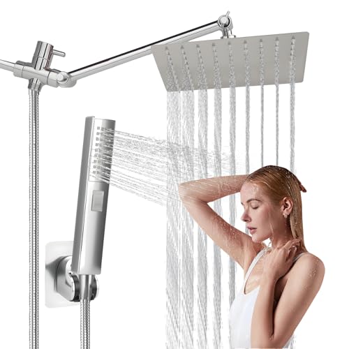 Rainfall Shower Head with Handheld Combo, Silvery, 10 Inch & 3 Spray Modes | 180° Adjustable, Extension Arm, Easy To Install - color: silvery-1