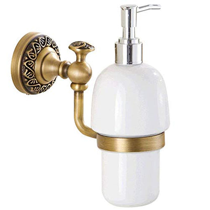 Leyden Antique Brass Soap Dispenser,Wall Mount Hand Soap Pump Bathroom Liquid Holder Lotion Bottles Vintage Dish Ceramics Removable for Kitchen Sink Countertop