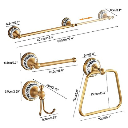 Antique Bronze Bathroom Hardware Set,Adjustable Towel Rack, Toilet Roll Paper Holder,Hand Towel Holder,Hook, Bathroom Accessories Set Wall Mounted,Porcelain Design - color: 4-piece Set