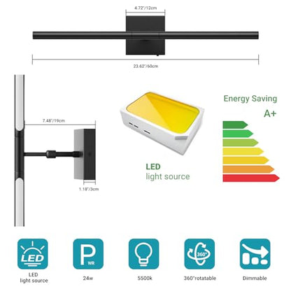 Tipace Hardwired Black Vanity Light Fixtures for Bathroom - 23.6 inch 360° Rotatable Modern Bathroom Light Fixture Over Mirror 5CCT LED Wall Sconce Lighting Fixture LED Vanity Lights Bar - size: 23.6 IN-5CCT