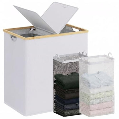 efluky Laundry Hamper with Lid, Double Laundry Basket with 2 Removable Bags, 2 Section Laundry Bin with Bamboo Handles for Bathroom, Bedroom & Laundry Room, 140L (36.9 Gallon) Light Grey - color: Light Grey, size: 140L Dual