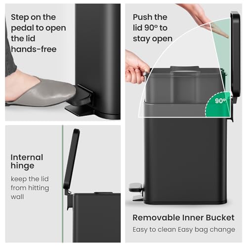 Cesun 2.6 Gallons Small Bathroom Trash Can with Lid Soft Close, Black | Removable Inner Bucket, Small Stainless Steel Garbage Can for Bedroom/Office, Hands-Free Step Pedal, Fingerprint-Resistant - color: Black
