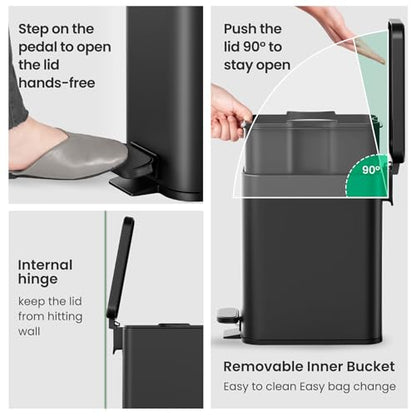 Cesun 2.6 Gallons Small Bathroom Trash Can with Lid Soft Close, Black | Removable Inner Bucket, Small Stainless Steel Garbage Can for Bedroom/Office, Hands-Free Step Pedal, Fingerprint-Resistant - color: Black