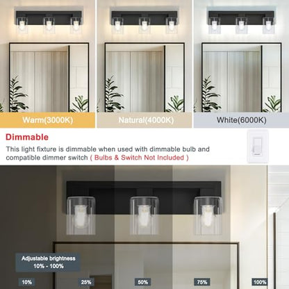 21.6 Inch Bathroom Light Fixtures, with Clear Glass Shade | 3-Light Matte Black Bathroom Lighting Fixtures Over Mirror, Modern Wall Light, bathroom vanity light E26 Socket, ETL - color: Black, size: 3-Light